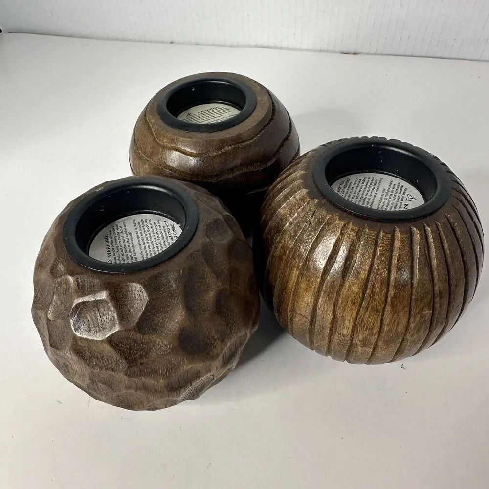 Set‎ of 3 JAVA Wooden Ball Tealight Candle Holders, Northern Lights Candles